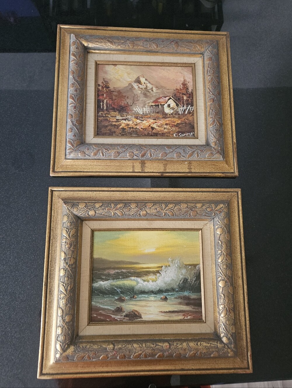 Two Framed Coastal and Cottage ORIGINAL Oil Paintings — Gold Frames